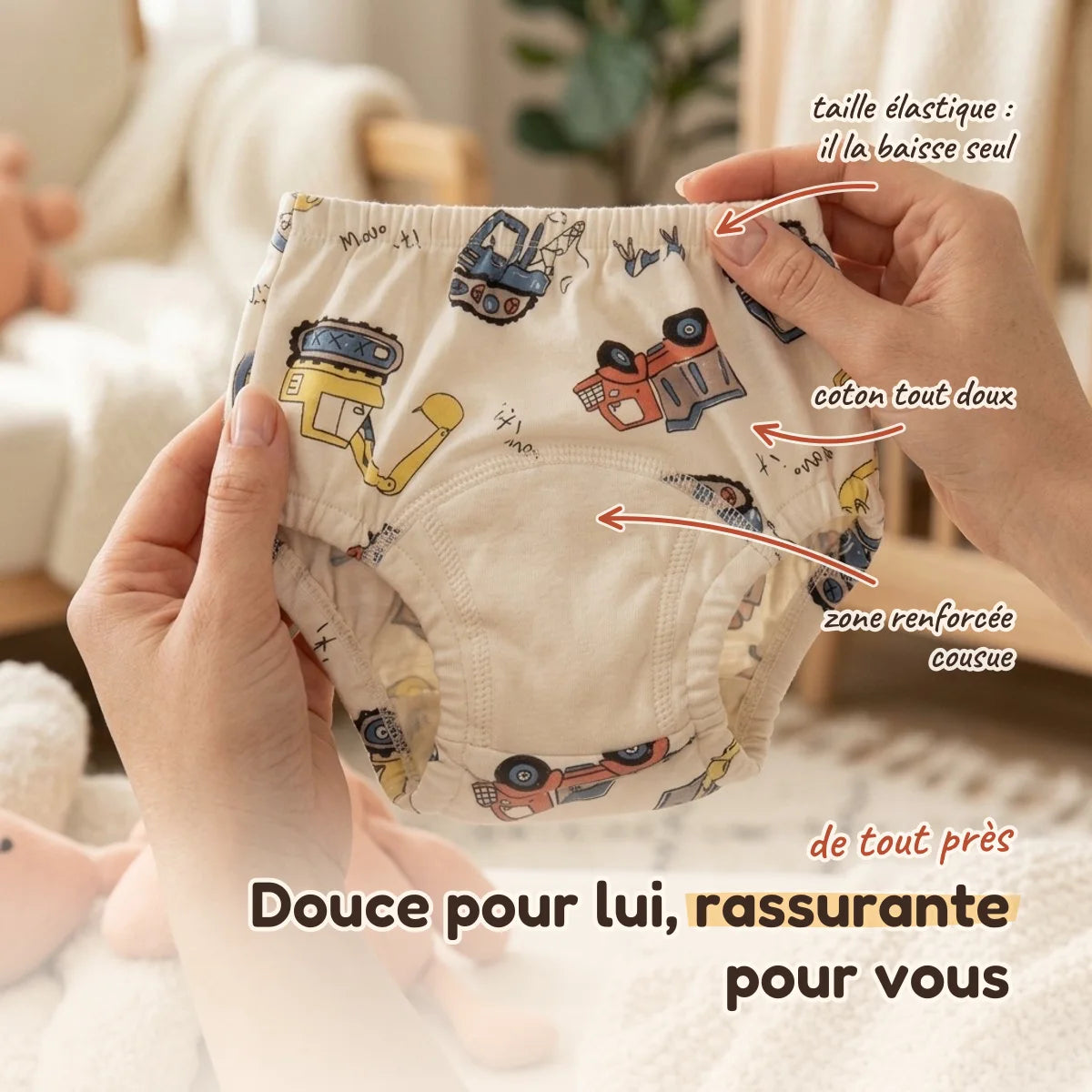 Culotte d'apprentissage de près : taille élastique, coton doux, zone renforcée