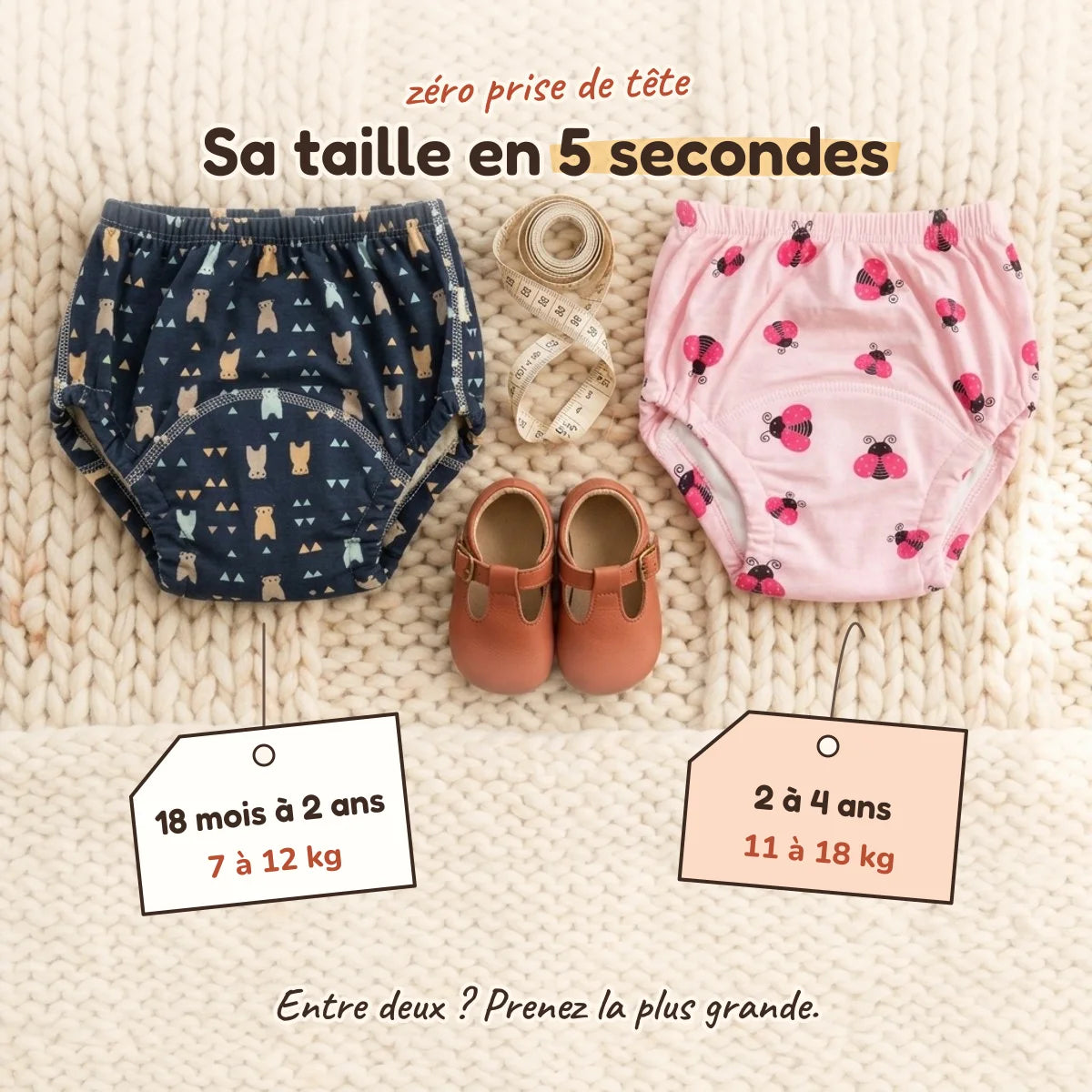 Guide des tailles : 18 mois à 2 ans et 2 à 4 ans