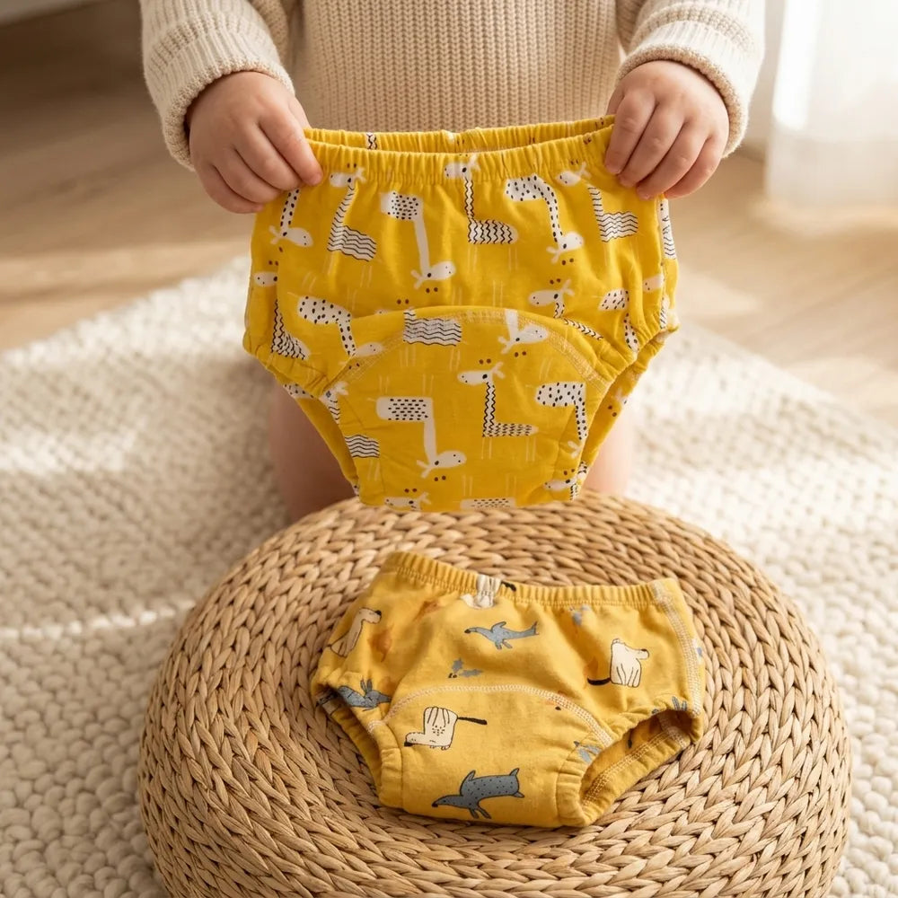 Mains d'un enfant qui tient sa culotte d'apprentissage motif girafes