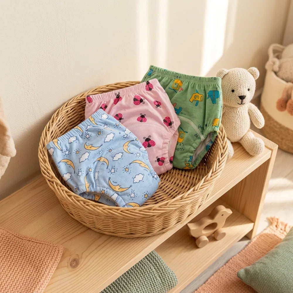 Panier en osier avec des culottes d'apprentissage pliées dans une chambre d'enfant